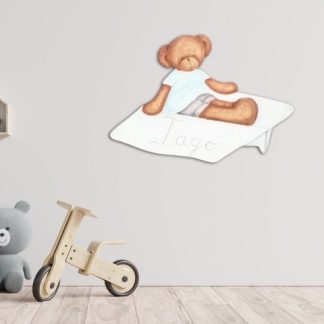 Silueta de Madera Osito en avión de papel