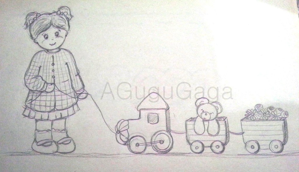 Boceto niña colegiala con tren