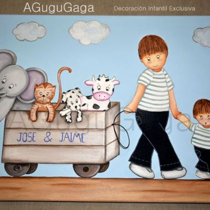 CUADRO INFANTIL "HERMANITOS CON CARRITO DE ANIMALES"