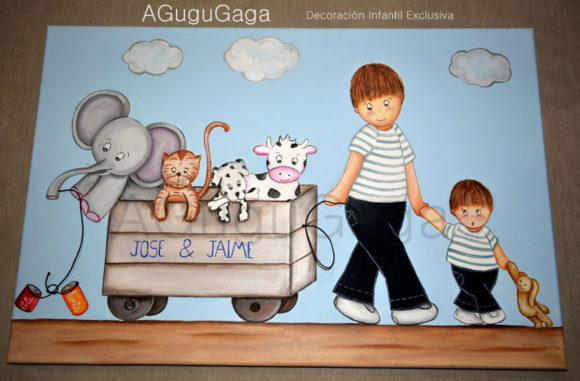 CUADRO INFANTIL "HERMANITOS CON CARRITO DE ANIMALES"