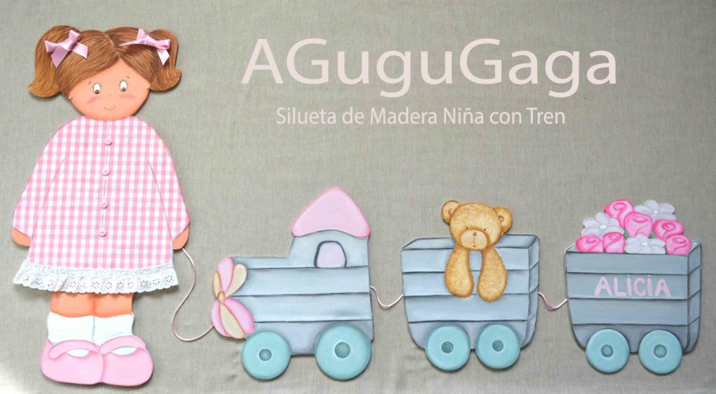 SILUETA DE MADERA NIÑA COLEGIALA CON TREN AGUGUGAGA (60CM)