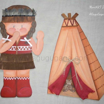 Silueta de Madera "NIÑA INDIA con tipi" 60cm altox95cm ancho