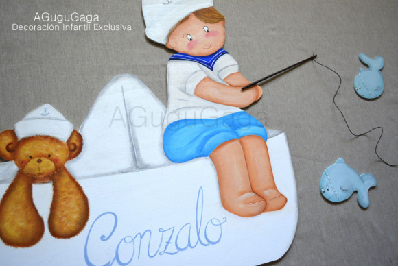 Silueta de Madera "Niño Marinero Pescando Peces" (personalizable) - Imagen 2