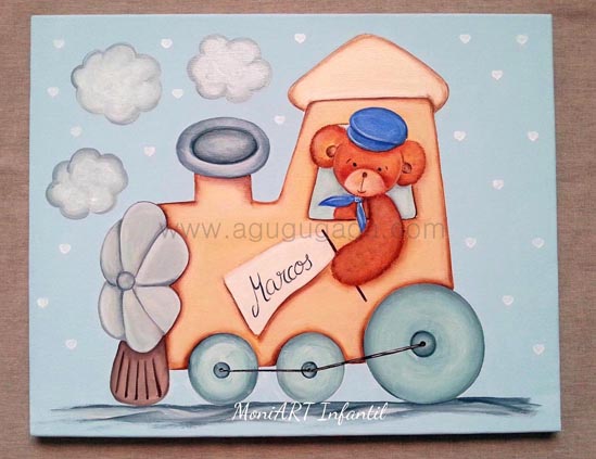 CUADRO INFANTIL "DULCES OSITOS EN TREN" - Decoración Infantil AGuguGaga