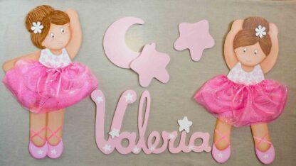 SILUETAS DE MADERA BAILARINAS CON NOMBRE EN COLOR FUCSIA